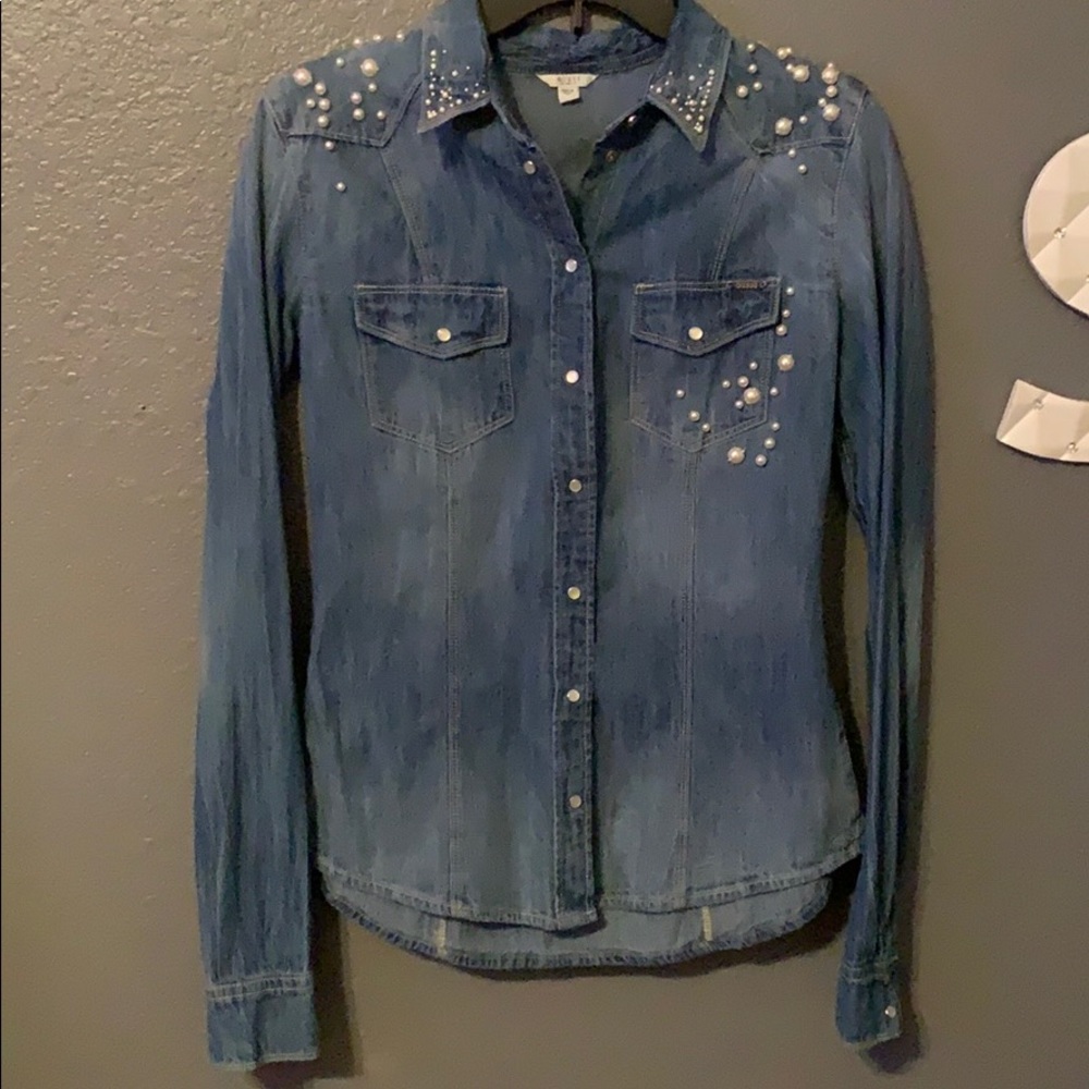 Blue jean button up with pearls